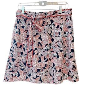 Ann Taylor Loft M Black Red Paisley Casual Weekend Waist Tie Side Pocket Skirt